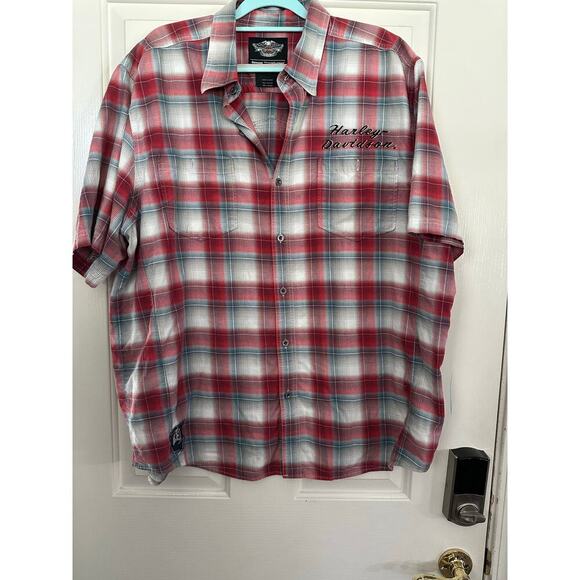 Harley Davidson Men's Red Plaid Short Sleeve Button Down Shirt 2XL - Picture 1 of 8